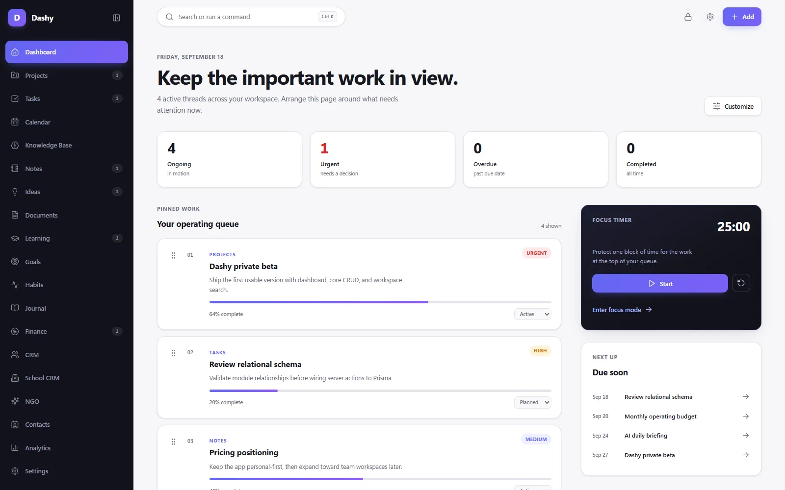 Dashy — A productivity SaaS with a 51-table schema behind a phone-first interface.